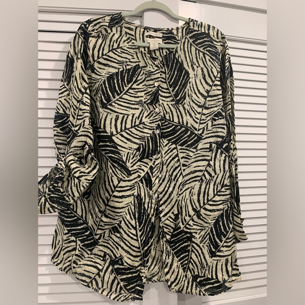 NWOT Cynthia Rowley Leaf‎ Print Black and Oatmeal Linen Women's Top size 1X